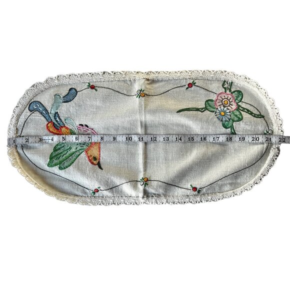 Hand-Painted & Embroidered Table Runner 22" X 11" Beige Cotton Linen Blend Bird - Picture 4 of 9